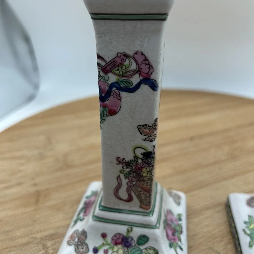 Pair Chinese Porcelain Candle Holders Famille Rose Style Square Base Vintage‎